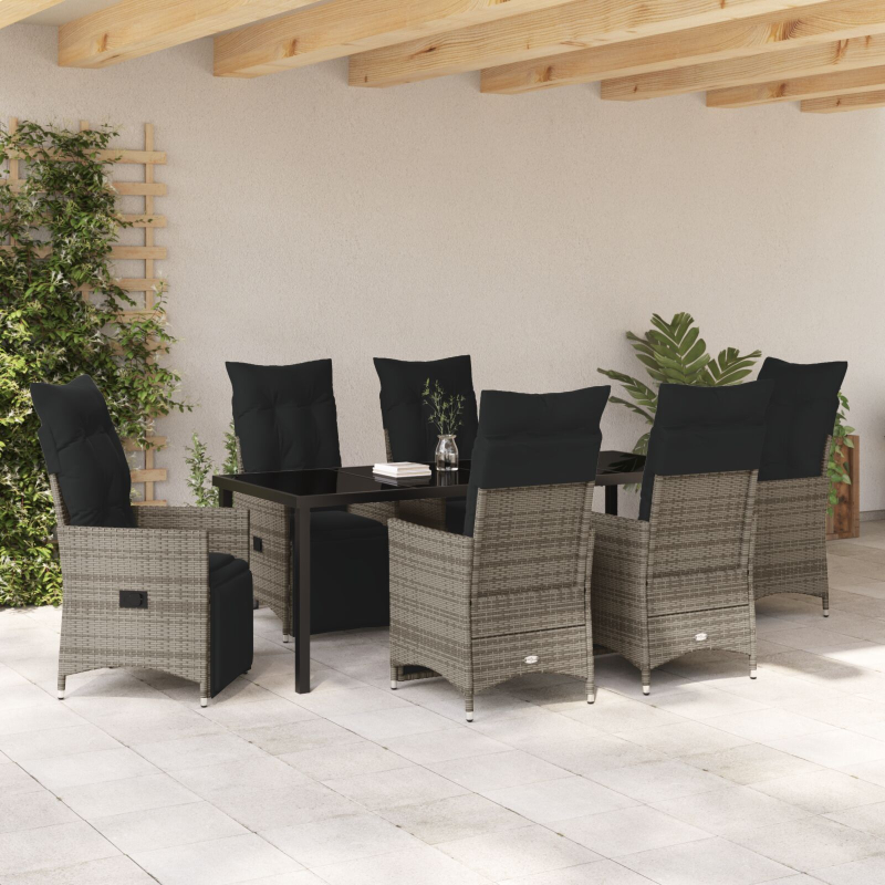 7-teiliges Garten-Dining-Set mit Kissen Grau Poly-Rattan