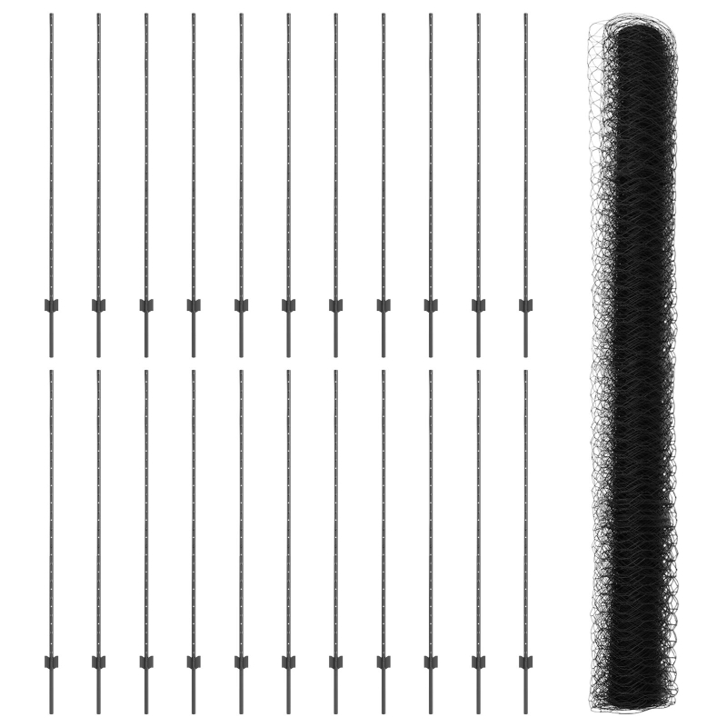 Zaunpfosten 22 Stück U-Kanal Grau 160 cm Stahl, Sechseckzaun Grau 1,6x50 m Stahl