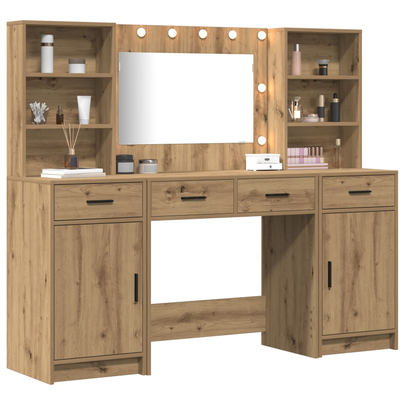 3-teiliges Schminktisch-Set aus Kunstleder mit Artisan-Eiche