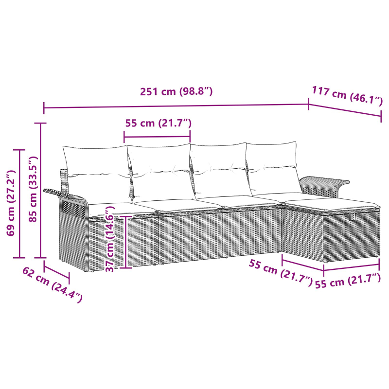 5-teiliges Garten Sofa Set mit Kissen Beige Poly Rattan