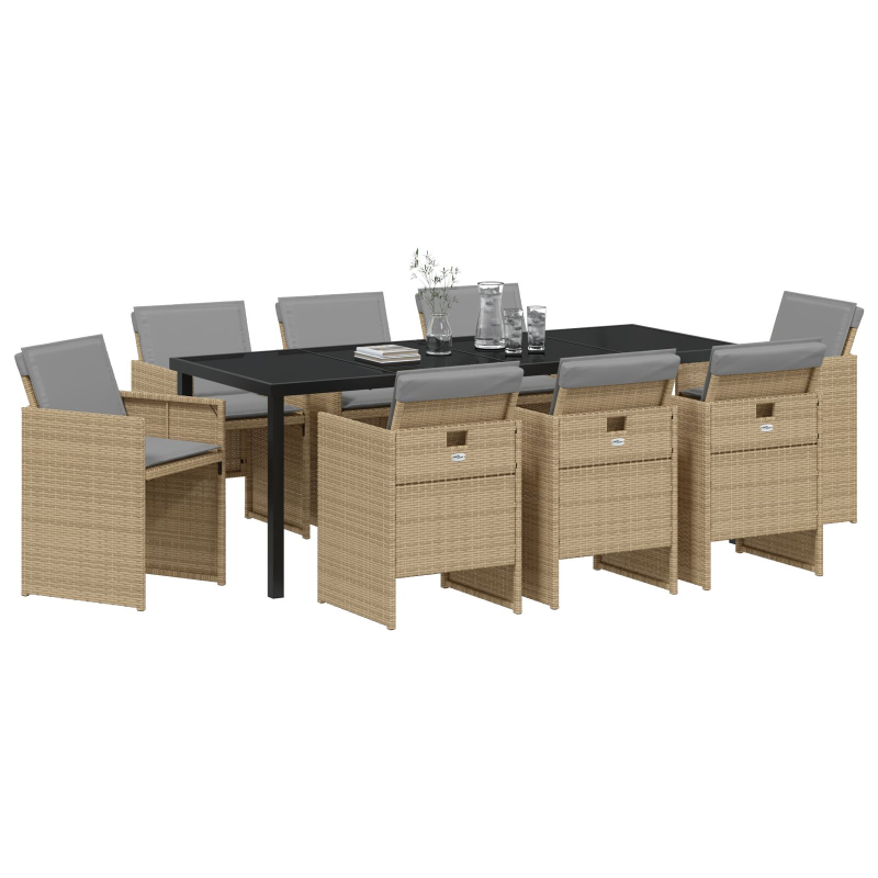 9-teilige Garten Essgruppe mit Kissen Beiges Poly-Rattan