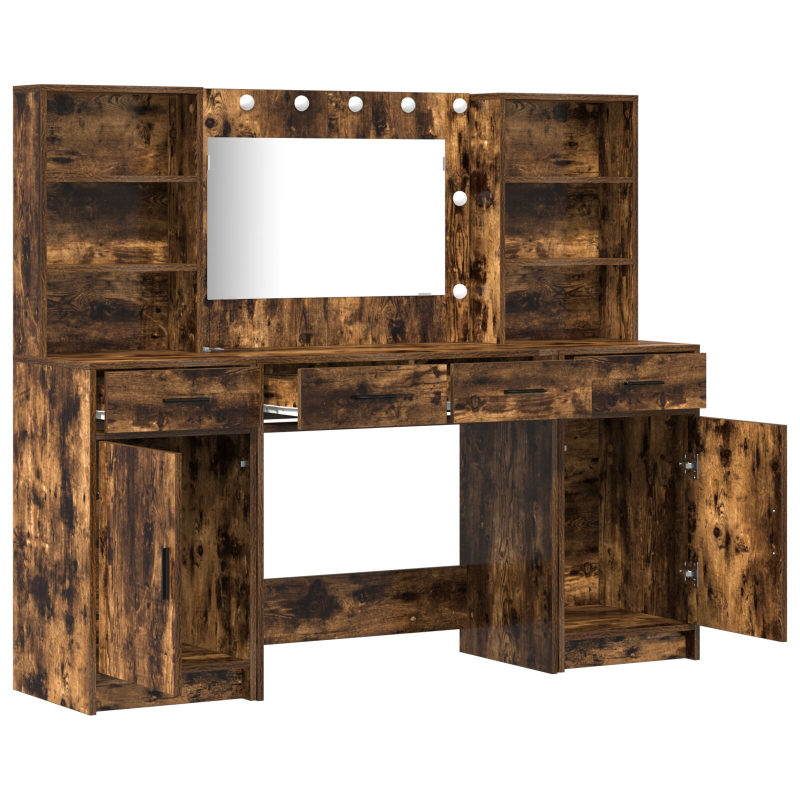 3-teiliges Schminktisch-Set aus rauchigem Eichenholz und beschichtetem Holz