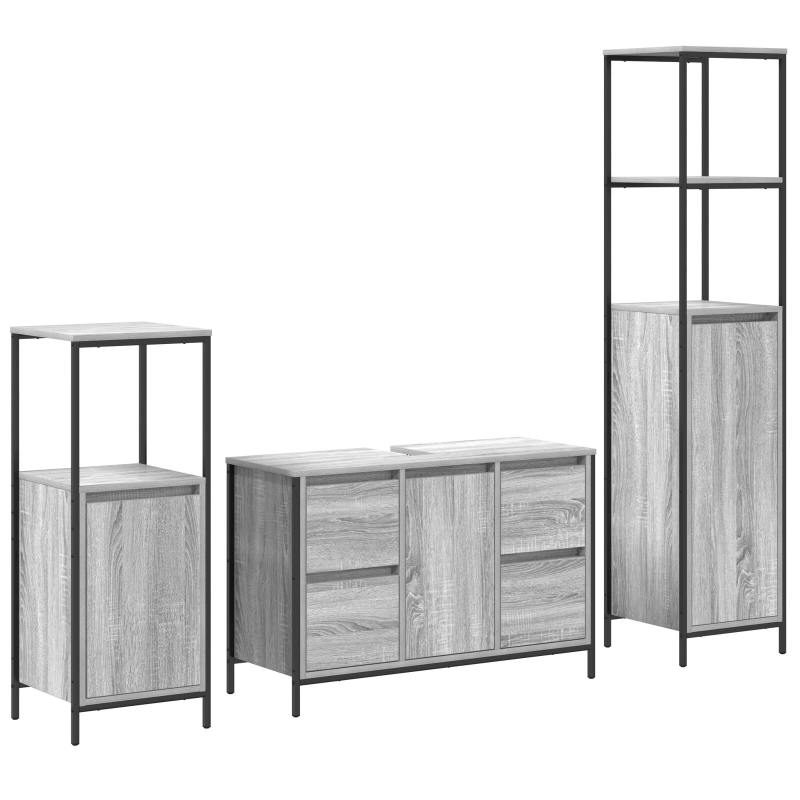3-teiliges Badezimmermöbel-Set aus grauem Sonoma Holzwerkstoff