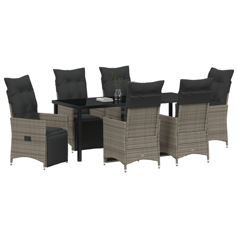 7-teiliges Garten-Dining-Set mit Kissen Grau Poly-Rattan