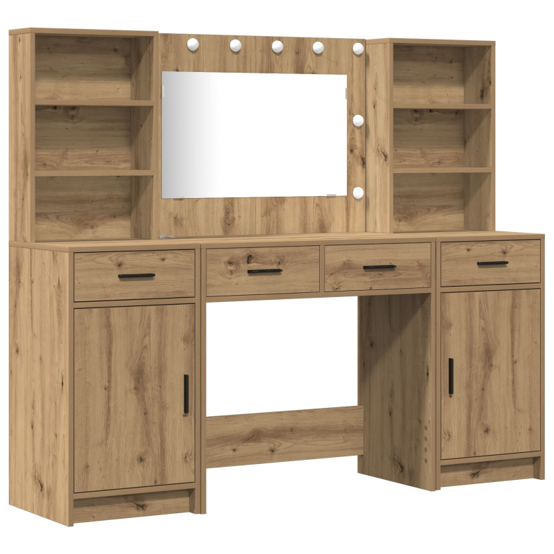 3-teiliges Schminktisch-Set aus Kunstleder mit Artisan-Eiche