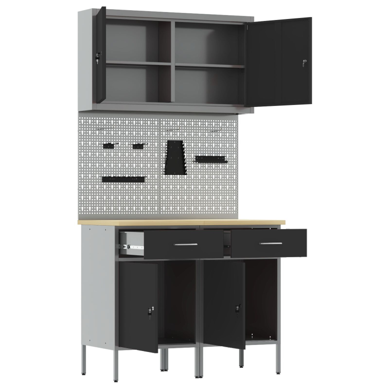 5-teiliges Arbeitszimmerschrank- und Lochplatten-Set Schwarz MDF und Metall