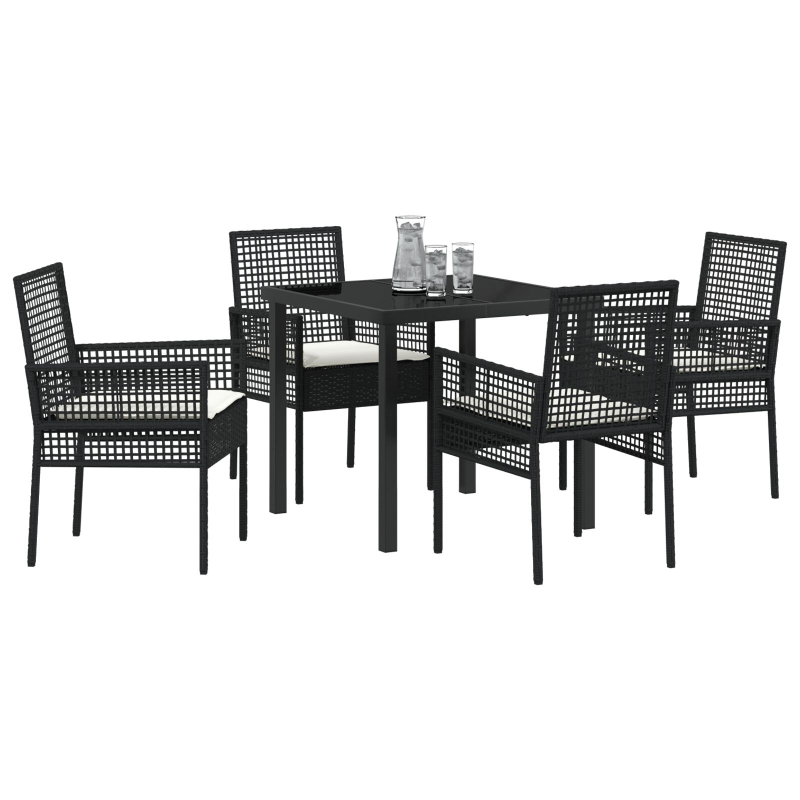 5-teiliges Garten Essset mit Kissen aus schwarzem Poly Rattan