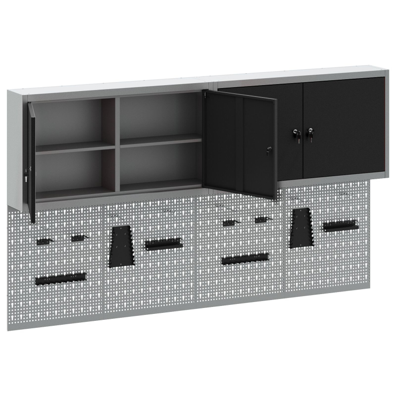 6-teiliges Werkzeugschrank- und Lochplatten-Set wandmontierbar, schwarzes Metall
