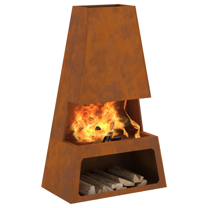 Feuerstelle mit Holzlager 60x35x100 cm Wetterfester Stahl