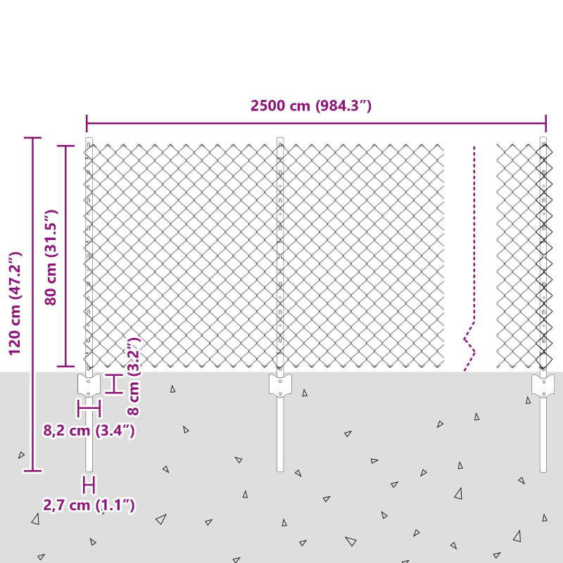 Kettengliedzaun mit 22 U-Pfosten Silber 0,8x25 m Stahl