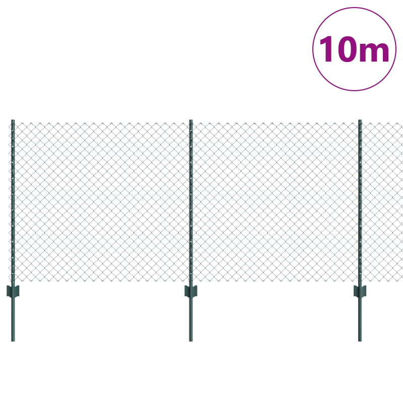 Kettengliedzaun mit 10 U-Pfosten Grün 1x10 m Stahl