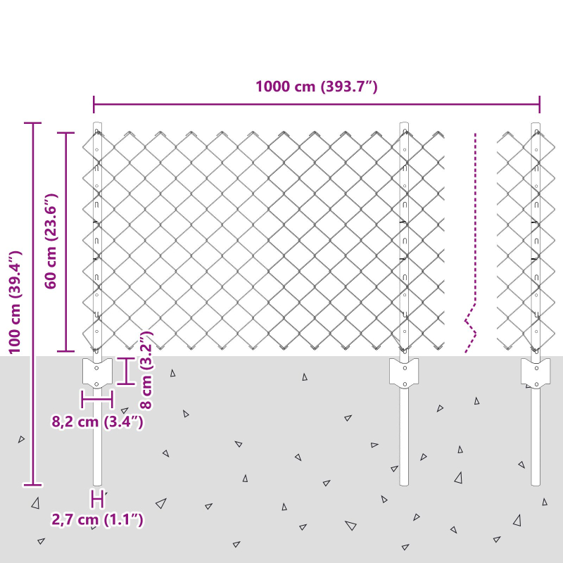 Kettenzaun mit 10 U-Pfosten Grün 0,6 x 10 m Stahl