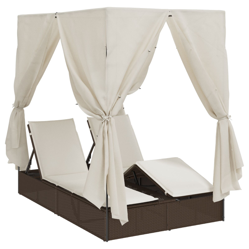 Doppelliege mit Dach und Vorhängen Braun Poly Rattan