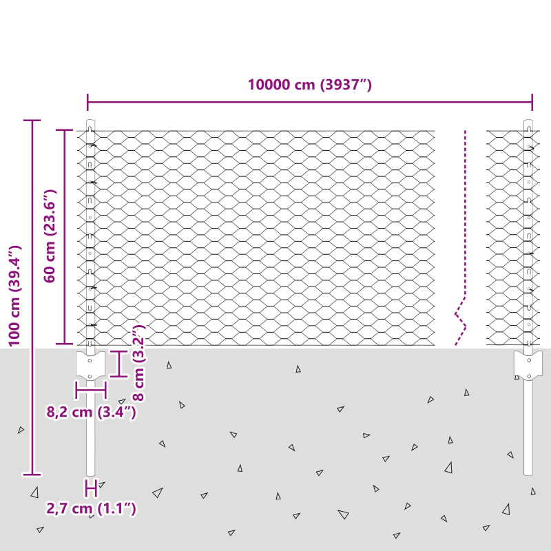 Zaunpfosten 11 Stück U-Kanal Grau 60 cm Stahl, Sechseckzaun Grau 0.6x100 m Stahl