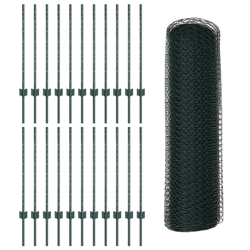 Zaunpfosten 11 Stück U-Kanal Grün 80 cm Stahl, Sechseckzaun Grün 0,8x50 m Stahl