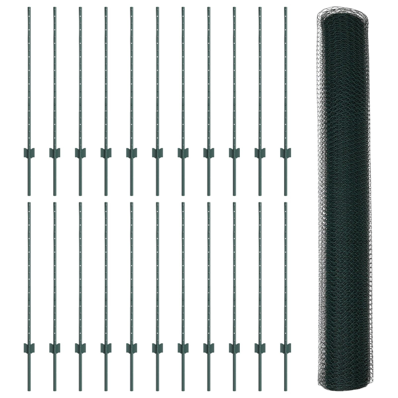 Zaunpfosten 11 Stück U-Kanal Grün 100 cm Stahl, Sechseckzaun Grün 1x50 m Stahl