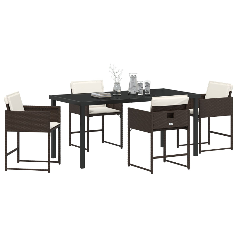 5-teiliges Garten Essset mit Kissen Braun Poly Rattan