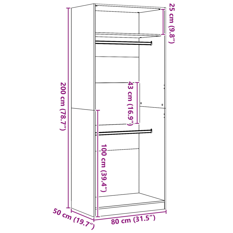 Kleiderschrank Schwarz Eiche 80x50x200 cm Holzwerkstoff