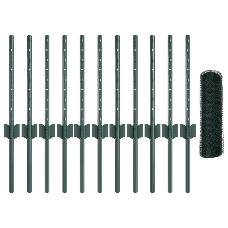 Zaunpfosten 11 Stück U-Kanal Grün 40 cm Stahl, Sechseckzaun Grün 0,4x25 m Stahl