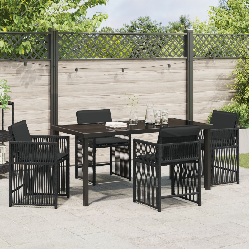 5-teiliges Garten-Esszimmer mit Kissen Schwarz Poly-Rattan
