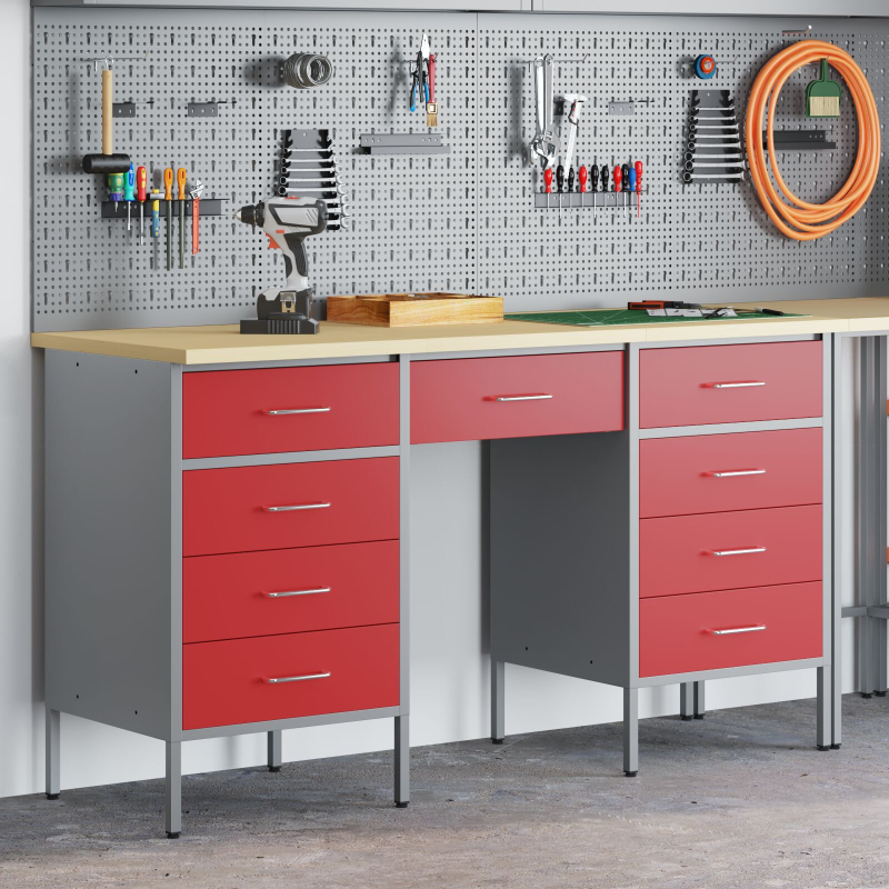 3-teiliges Arbeitskabinen- und Tischset Rot Rigal Holz & Stahl