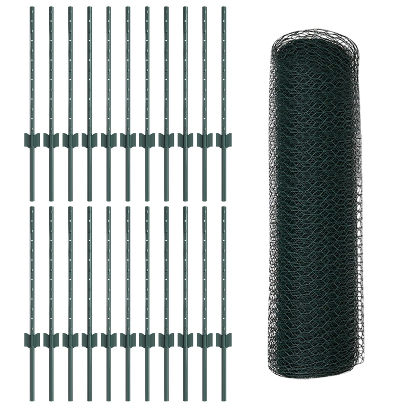 Zaunpfähle 11 Stk U-Channel Grün 60 cm Stahl, Sechseckzaun Grün 0.6x50 m Stahl