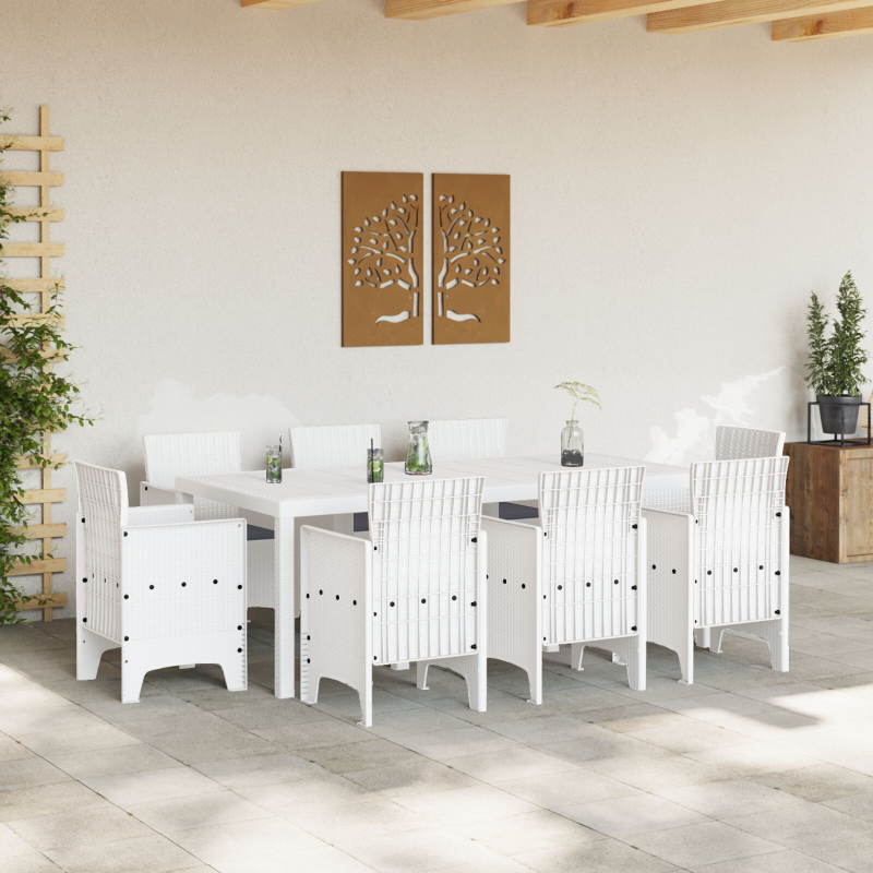 9-teiliges Garten Esstisch Set mit Kissen in Weiß Poly Rattan