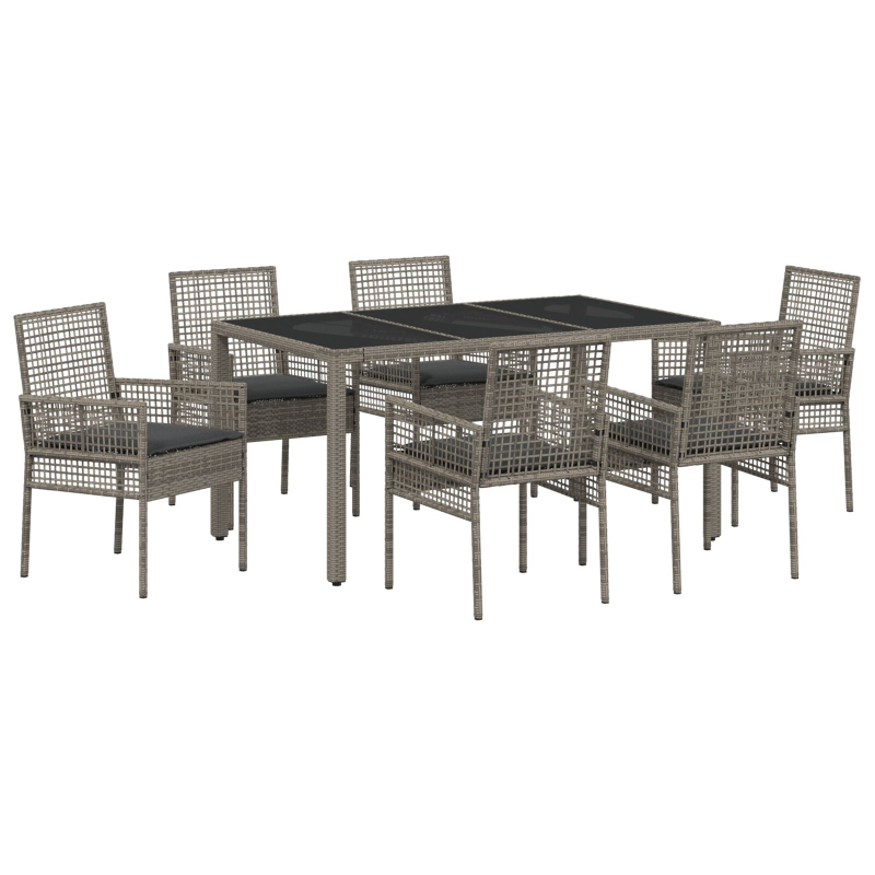7-teilige Garten-Essgruppe mit Kissen Grau Poly Rattan