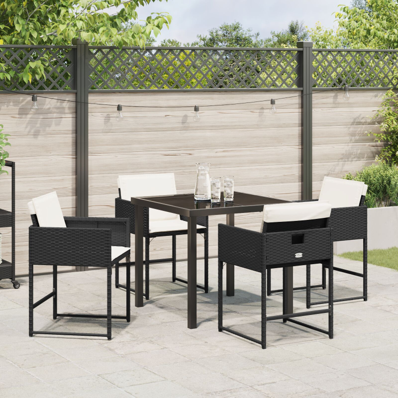 5-teilige Garten-Essgruppe mit Kissen aus schwarzem Poly-Rattan