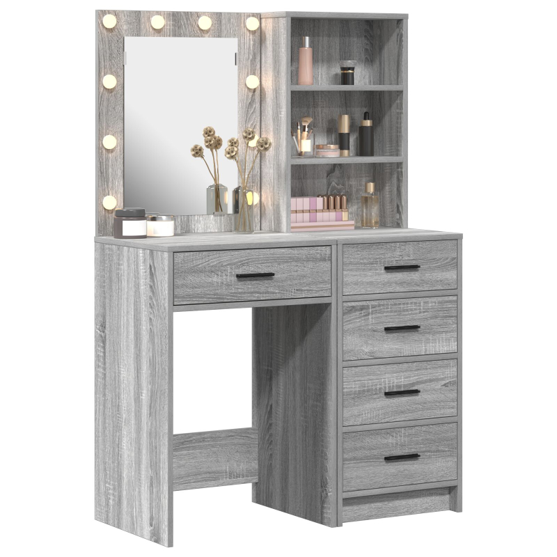 2-teiliges Schminktisch-Set mit LED Grau Sonoma Holzwerkstoff