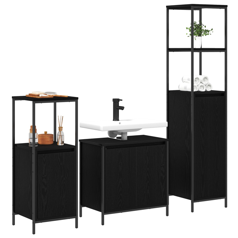 3-teilige Badezimmermöbel Set Schwarze Eiche Holzwerkstoff