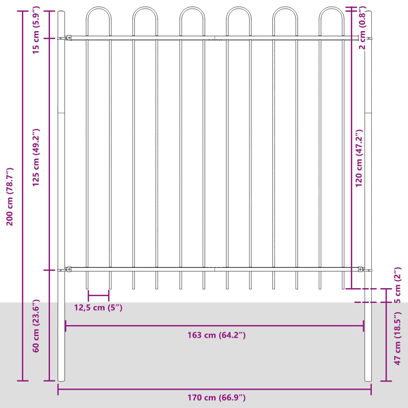 Gartenzaun mit Bogenoberteil Grau 3,4x1,5 m aus Stahl