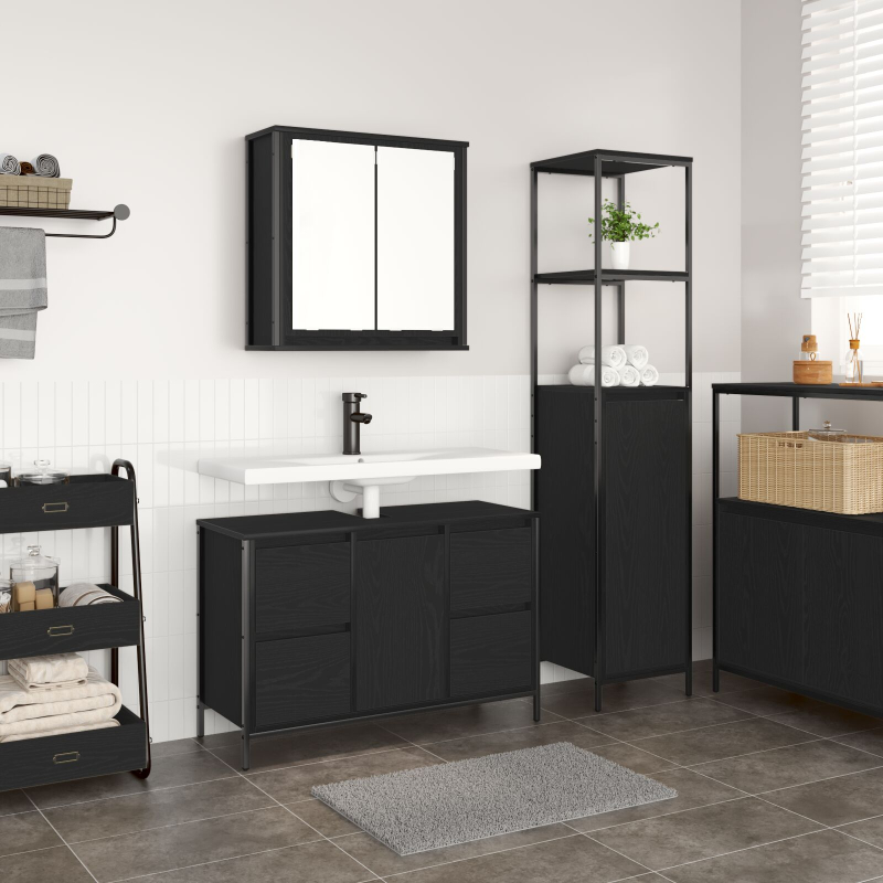 2-teiliges Badezimmermöbel-Set in Schwarz und Eichenholzlook