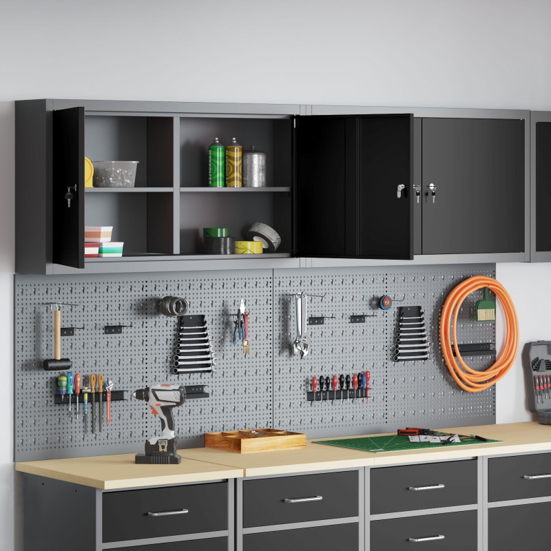 6-teiliges Werkzeugschrank- und Lochplatten-Set wandmontierbar, schwarzes Metall