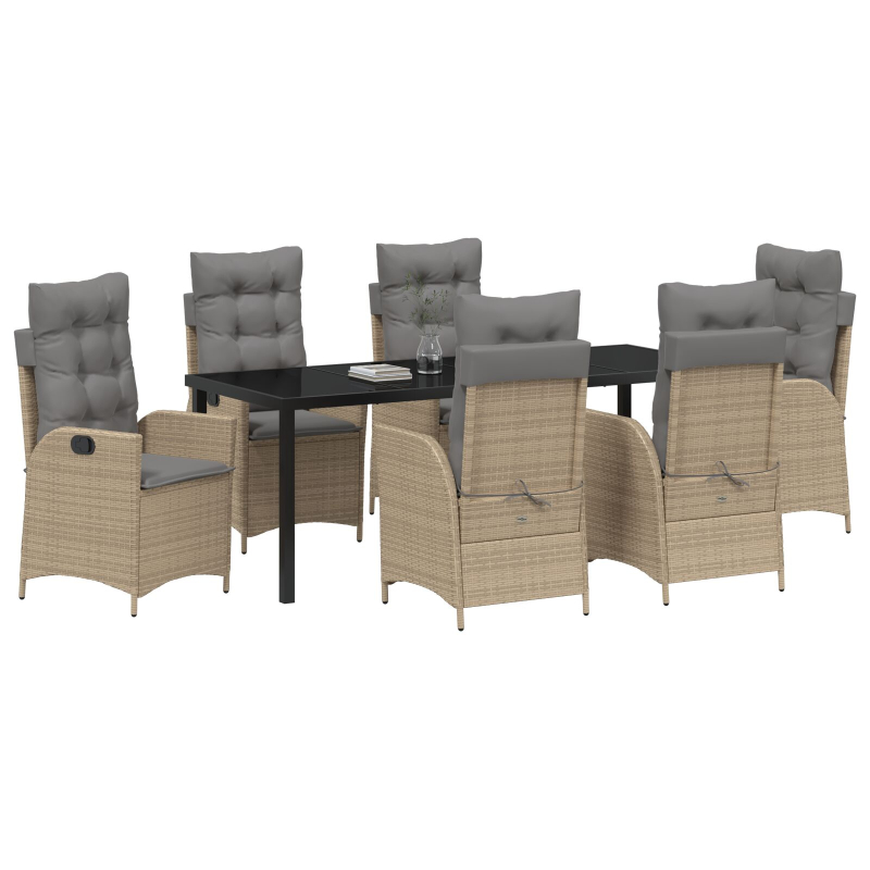 7-teiliges Garten-Esszimmer-Set mit Kissen - Beige - Poly-Rattan