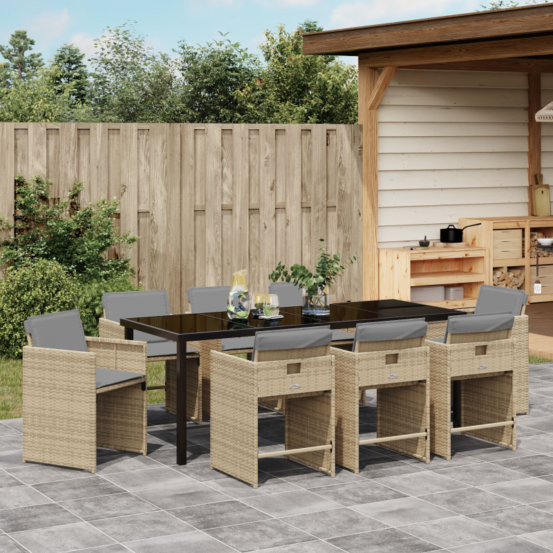 9-teiliges Gartenmöbelset mit Kissen Beige Poly Rattan