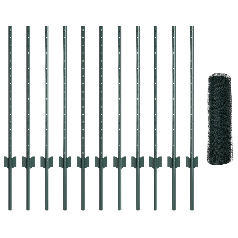 Zaunpfosten, 11 Stück U-Profil, Grün, 80 cm, Stahl, Sechseckzaun, Grün, 0,8x25 m, Stahl