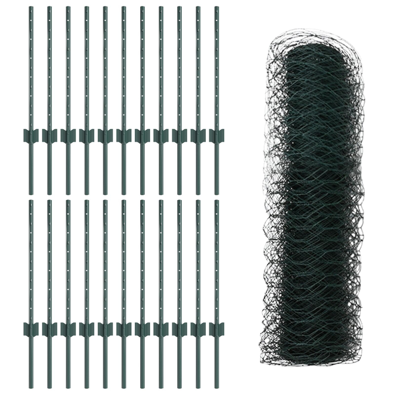 Zaunpfosten 11 Stück U-Profil Grün 60 cm Stahl, Sechseckzaun Grün 0,6 x 50 m Stahl