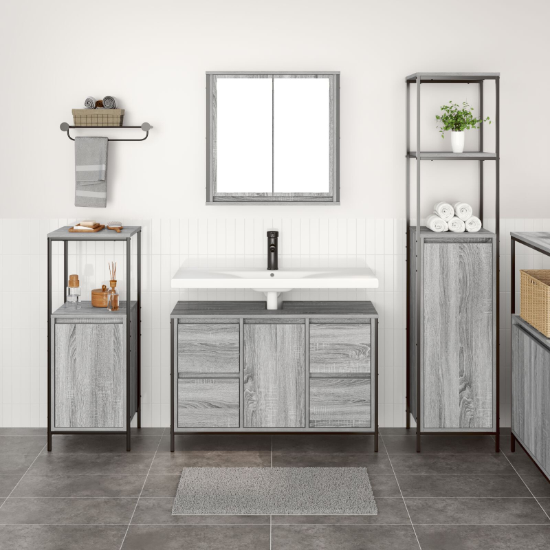 3-teiliges Badezimmermöbel-Set aus grauem Sonoma Holzwerkstoff