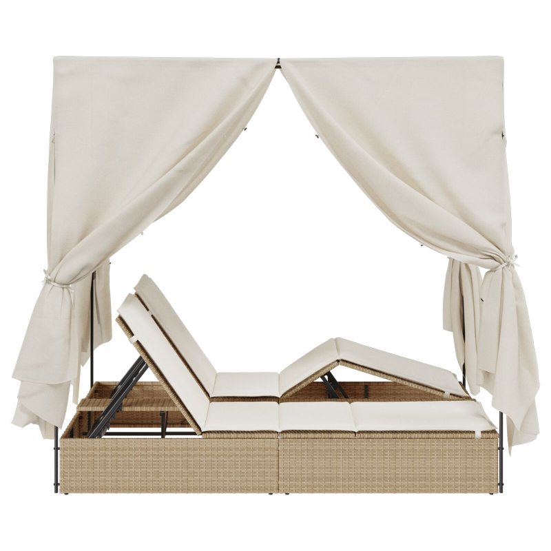 Doppellounger mit Dach und Vorhängen in Beige aus Poly Rattan