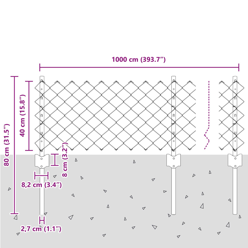 Kettengliedzaun mit 10 U-Posten Grün 0,4x10 m Stahl