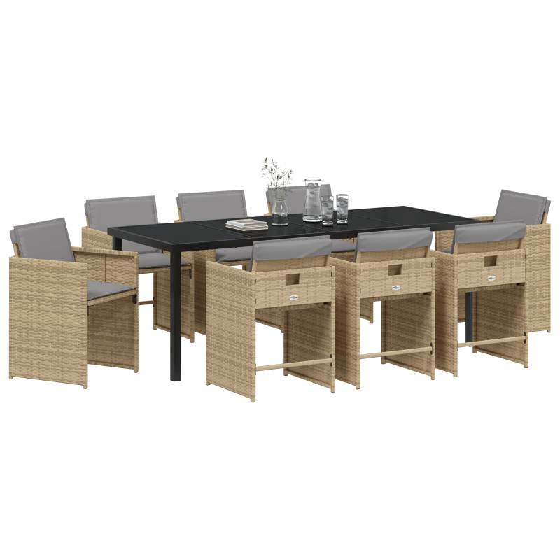 9-teiliges Gartenmöbelset mit Kissen Beige Poly Rattan