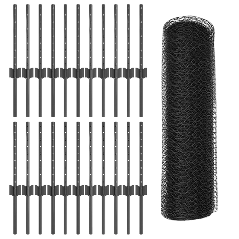 Zaunpfosten 11 Stück U-Profil Grau 40 cm Stahl, Hexagonzaun Grau 0,4x50 m Stahl