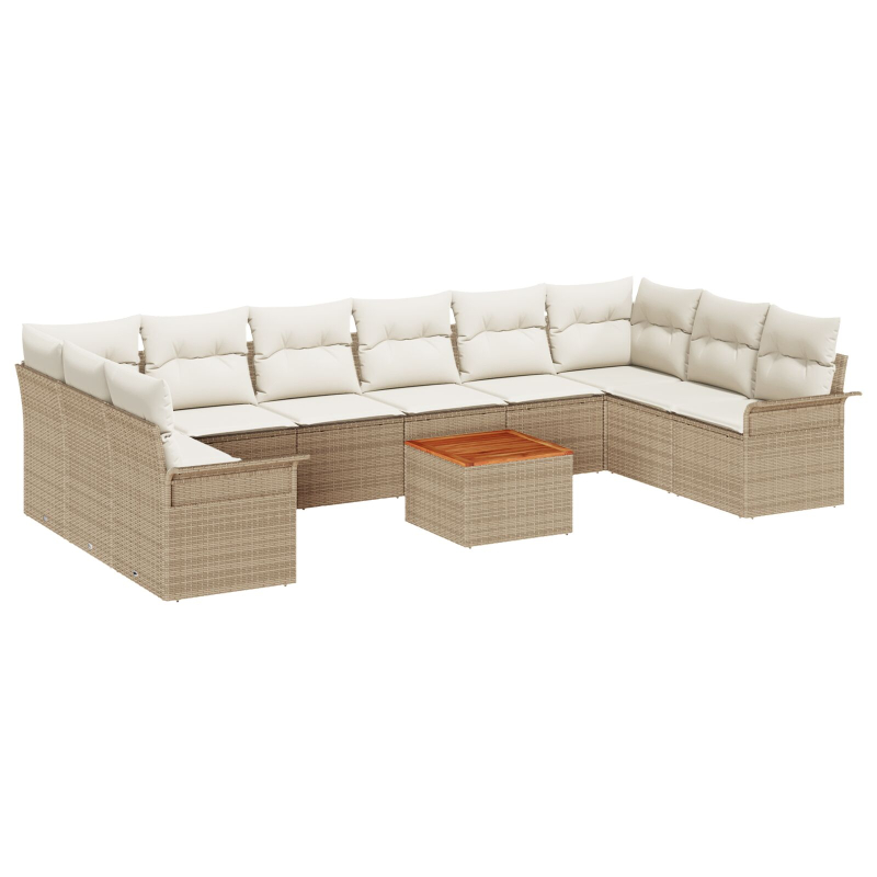 11-teiliges Garten Sofa Set mit Kissen Beige Poly Rattan Akazie