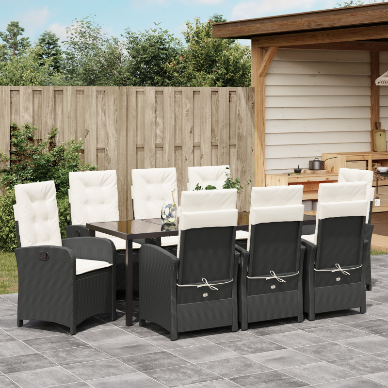 9-teiliges Garten-Dining-Set mit Kissen aus schwarzem Poly-Rattan