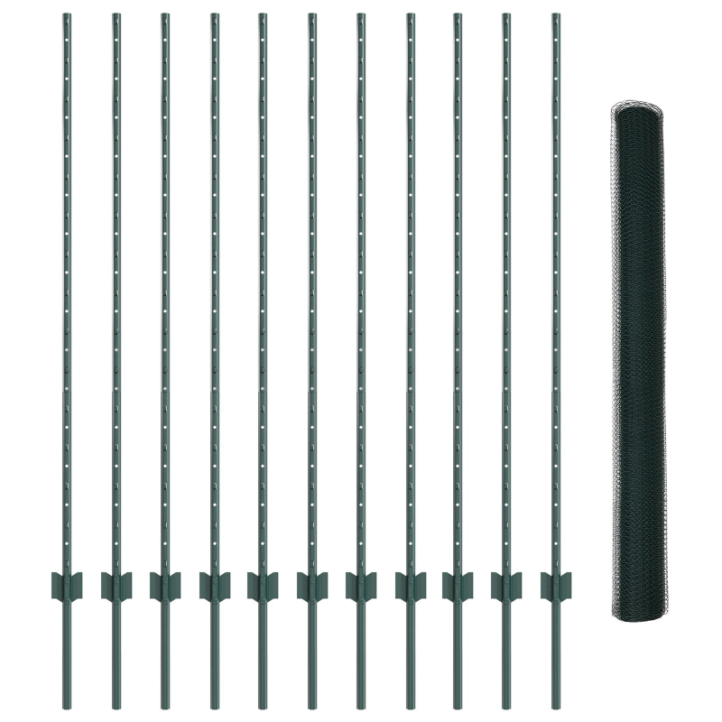 Zaunpfosten 11 Stück U-Kanal Grün 140 cm Stahl, Sechseckenzaun Grün 1,4x25 m Stahl