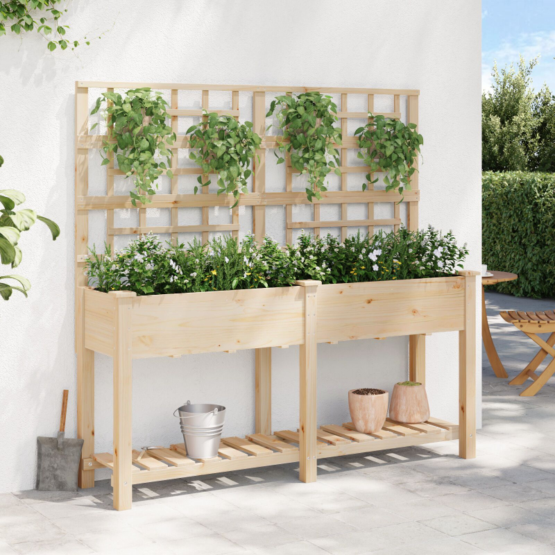 Gartenpflanzer mit Spalier und Regal 161x43x152 cm aus massivem Kiefernholz