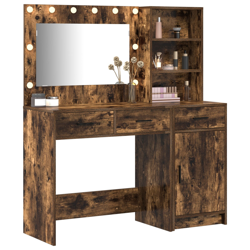 2-teiliges Schminktisch-Set mit LED in Raucheiche und Holzwerkstoff