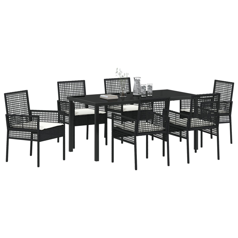 7-teiliges Garten Essset mit Kissen Schwarzes Poly-Rattan
