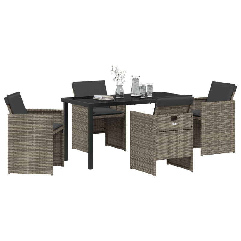 5-teiliges Garten-Essgruppen-Set mit Kissen Grau Poly Rattan